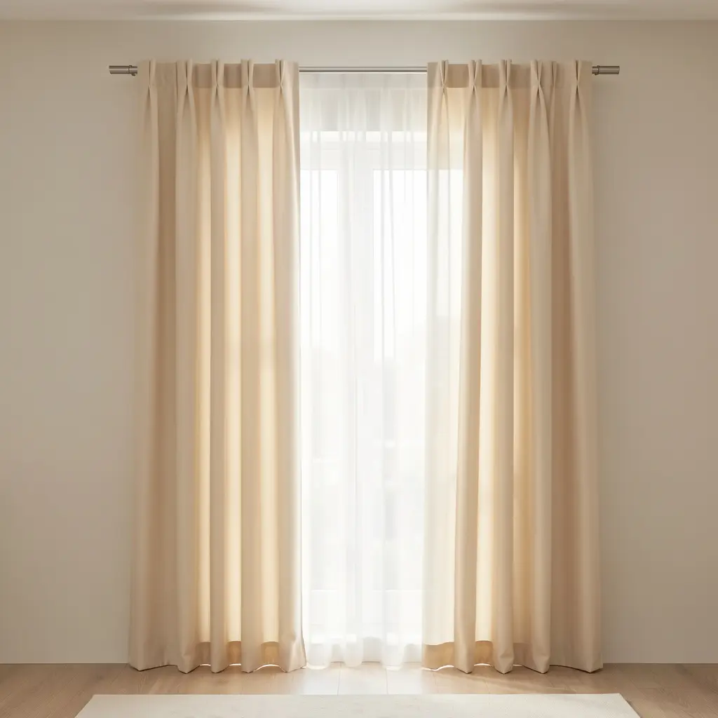 Elegant champagne colored curtains in modern interior
